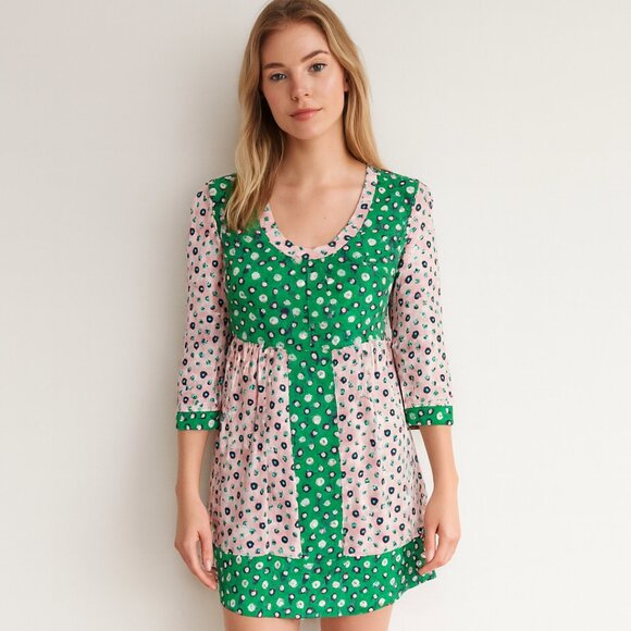 Boden Green Pink Floral 3/4 Sleeve Mini Dress Viscose Boho Spring Summer Size 2 - Picture 2 of 16